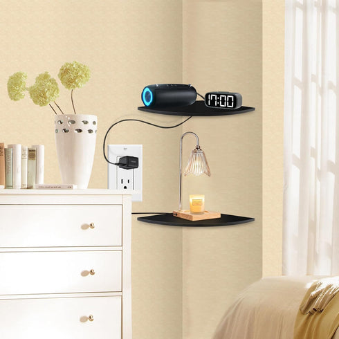JJL 12-Inch Set 2 Corner Shelf Wall Mounted, Sector Wood Floating Corner Shelves with Wire Hole, of Circular arc Corner