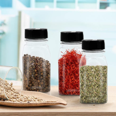 RoyalHouse 12 Pack 9.5 Oz Plastic Spice Jars with Black Cap, Clear BPA Free Containers for Storing Spices