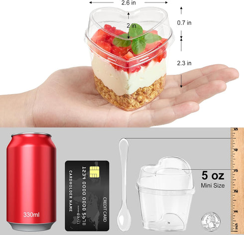 50 Pack 5 oz TOFLEN Heart Shaped Dessert Cups with Lids and Spoons, Mini Plastic Shooter Cups for Parfait, Pudding