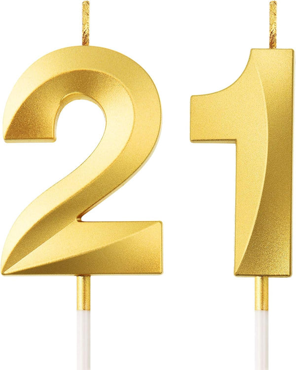 Gold Birthday Candles Numeral Cake Topper Decoration for 21st Birthday Party, Wedding, Anniversary Celebration Supplies