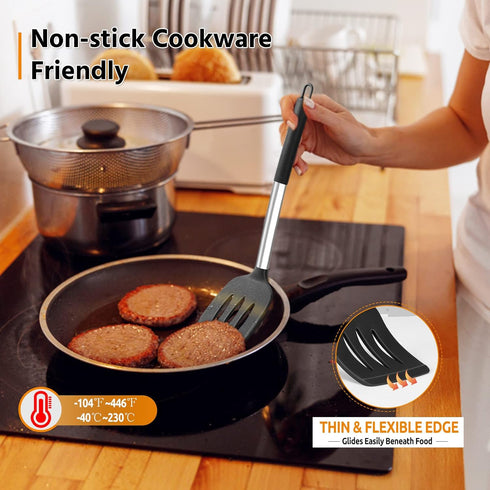 E-far Silicone Spatula Set of 2, Solid & Slotted Turner for Nonstick Cookware, Heat Resistant