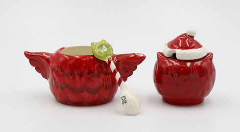 Owl Sugar and Creamer, 5 3/4 X 2 7/8 X 5 3/8"H, Red, White, Black, Green