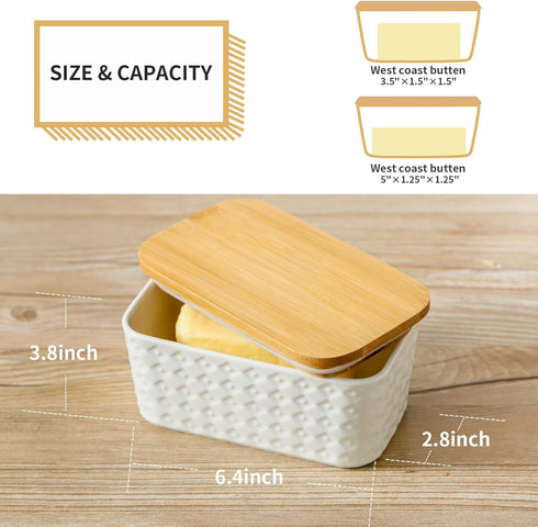 Ceramic Butter Dish with Lid,Large Butter Container with Airtight Cover for Countertop or Refrigerator,Farmhouse Butter Holder for Kitchen Gifts,Dishwasher Safe,White Embossed Pattern