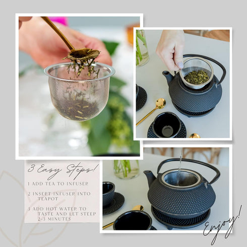11PC Set 26Oz 4 (2Oz 4 Large Japanese Tea "Gashu Black" Cast Iron Tea Pot with Tea Cups each), Saucers, Loose Leaf Tea