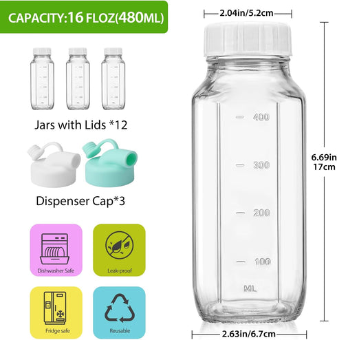 12 Pack 16 Oz CUCUMI Glass Milk Bottles with Lids, Glass Juice Bottles with Scale & Silicone Pour Spout, Reusable Juice