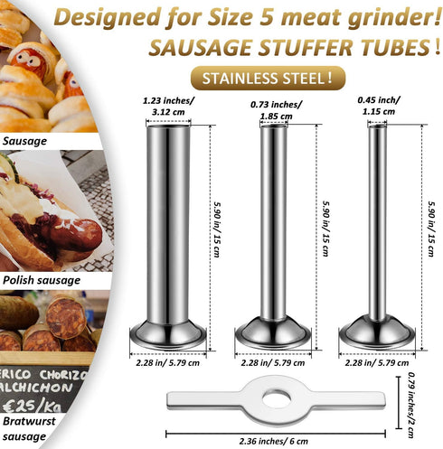 Mudder 4 Pieces Sausage Stuffer Kit, Stainless Steel Grinder Tubes with Sausage Stuffer Ring for Size 5 Meat Grinder