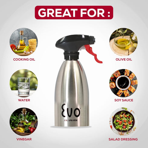 Evo 18/8 Stainless Steel Oil Sprayer, Non-Aerosol for Olive Oil, Cooking Oils, and Vinegars, Silver, 16-Ounce Capacity by Evo Oil Sprayer