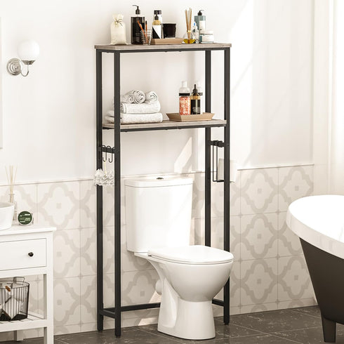 HOOBRO 2-Tier Over The Toilet Storage Organizer Shelf, Bathroom with Toilet Paper Holder and Hooks, Greige and Black
