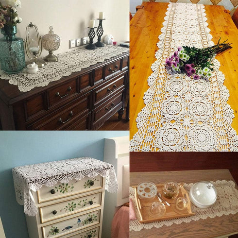 KEPSWET Cotton Handmade Crochet Lace Table Runner, Blue Rectangle Coffee Table Dresser Decor (14x36 inch)