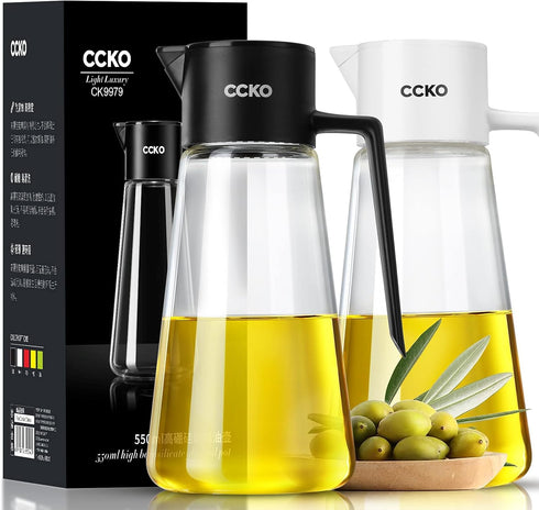 CCKO 19oz Glass Olive Oil Dispenser Bottle, Auto Flip Spout, No Drip Cooking Oil Dispenser for Soy Sauce, Vinegar