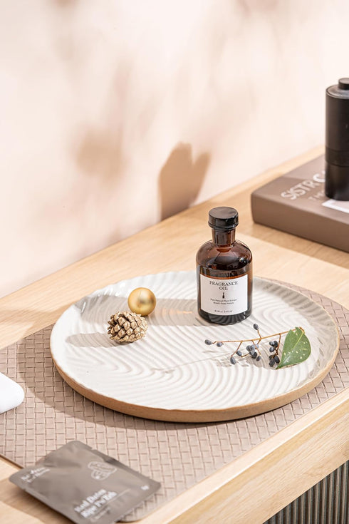 Vanity Tray with Brown Trim, Decorative Round Tray for Bathroom, Countertop, Perfume Holder Organizer, Dresser, Table,