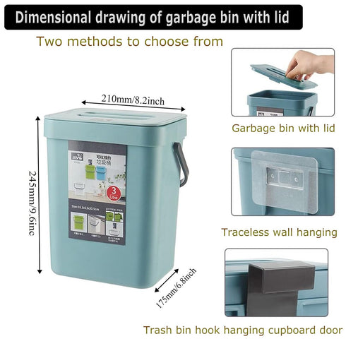 Small Trash Can with Lid, 5L Mini Kitchen Hanging Trash Can for Countertop Compost Bin, Odor Free (Blue)