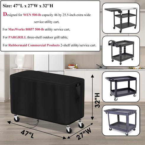 47-inch 47"L27"W32"H, Patio Table Cover for Outdoor Grill Cart, Waterproof Rolling Utility Service Cart Cover Stainless
