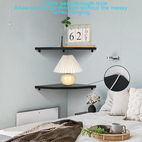 Set 2, 10 Inch) Corner Wall Shelves of Rustic Wood Corner Floating Shelves with Cable Raceway, Wall Mount Storage