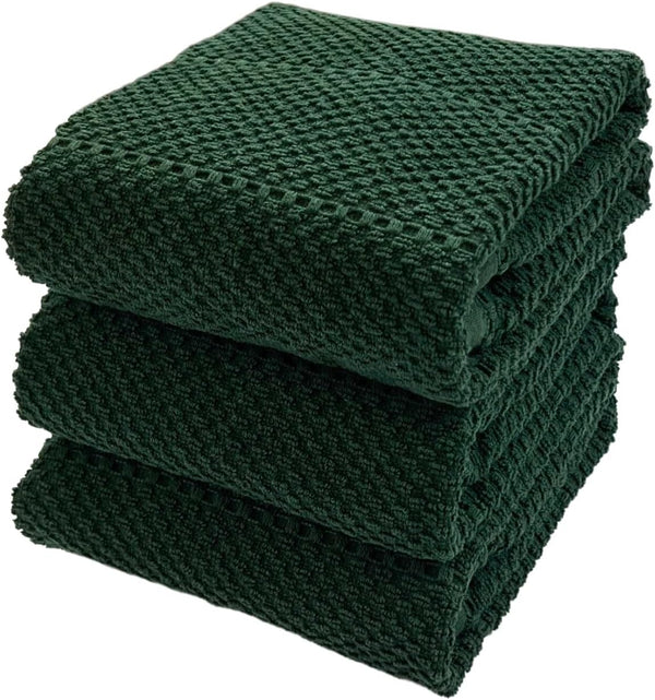 Textured Dark Green Kitchen Dish Towels, 100% Cotton Cloth, Soft Absorbent Terry Ribbed Loop: Set of 3 for Everyday Use