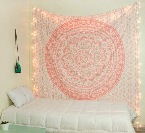 Popular Handicrafts Tapestry Wall Hanging, Hippie Ombre Mandala, 54 x 60 Inches, Coral Peach