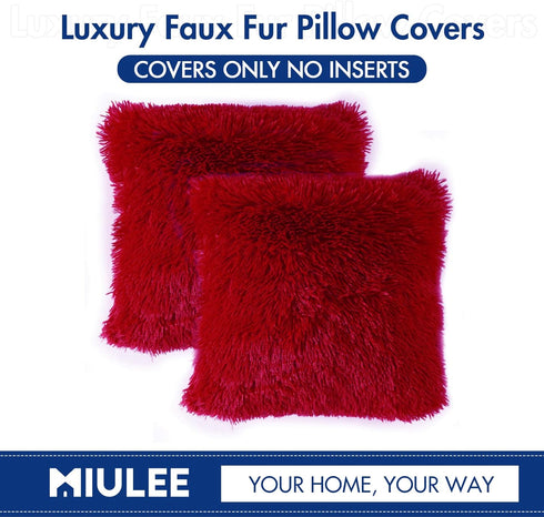 MIULEE Luxury Faux Fur Throw Pillow Cover - Pack of 2, Deluxe Winter Decorative Cushion Cover 18x18 Inch Red