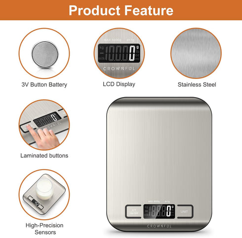 CROWNFUL Food Scale, 11 lb Digital Kitchen Scales with Built-in Coin Battery, LCD Display, 304 Stainless Steel