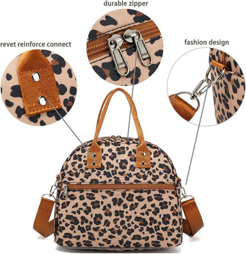 FlowFly Insulated Lunch Bag with Shoulder Strap, Large Reusable Tote for Work, School, Travel, Meal Prep, Leopard