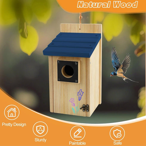 Rioychan 2 Pack Set Finch Wood Bird Houses for Outside with Paint for Bluebird Swallow Wren Chickadee, Crafts & DIY