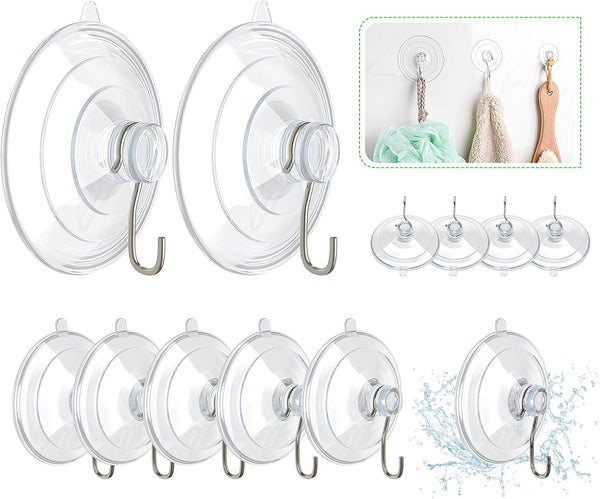 HangerSpace Suction Cup Hooks, 12 Packs Clear PVC Suction Cups with Metal Hooks for Kitchen Bathroom Shower