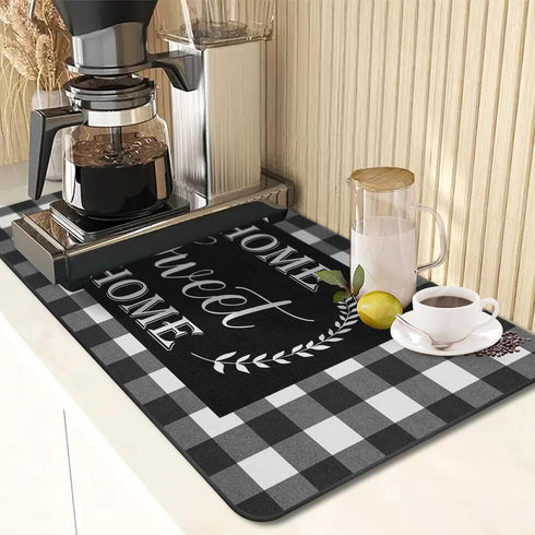 Coffee Mat for Countertops, 2 Pcs Black White Grey Buffalo Grid Dish Drying Mat for Kitchen Coffee Bar Accessories