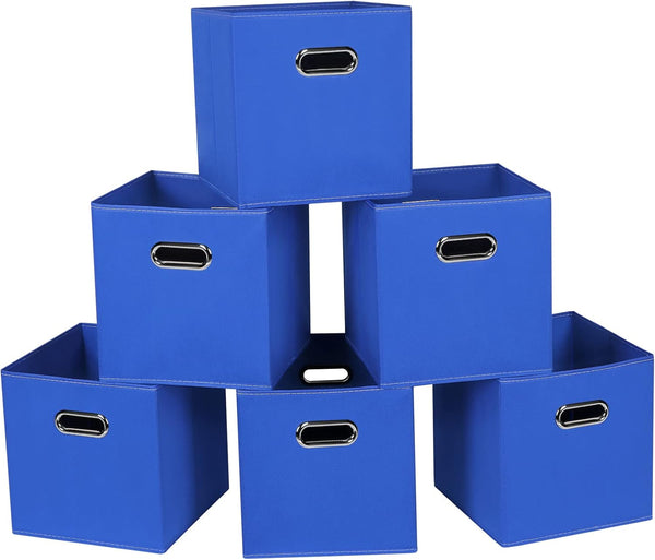 Set of 6 Dark Blue Fabric Cloth Storage Bins, Foldable Cube Baskets with Dual Handles for Home Bedroom Storage