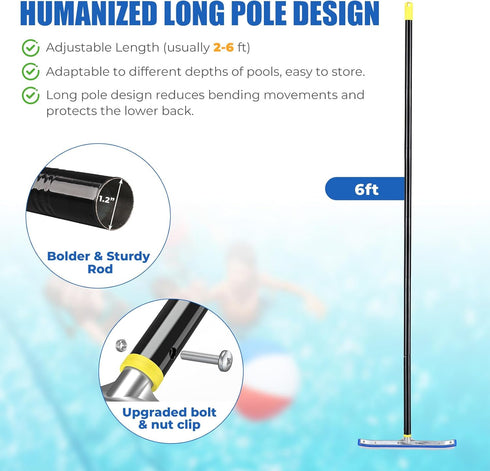 6FT 2-in-1 Commercial) Heavy Duty Pool Brush - Pool Scrubber with Aluminum Frame & Nylon Brush Head, Adjustable