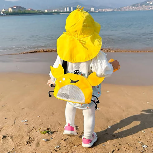 Kids Mesh Beach Bag, Cute Crab-Shaped Seashell Collecting Bag with Adjustable Strap for Holding Shell Beach Toy