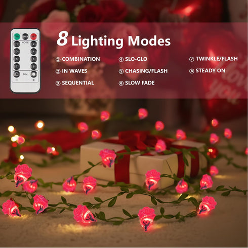40 12.5ft suddus LED Fairy Lights Battery Powered, Pink Rose Flower String Lights with Remote, Valentine Lights