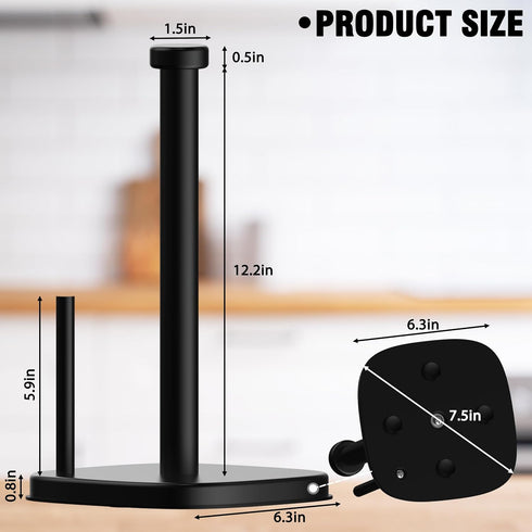 Paper Towel Holder Countertop, Standing Roll Holder for Kitchen Bathroom with Weighted Base & Suction Cups (Matte Black)