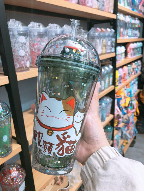 Lucky Cat Travel Mug with Straw, Blue Drinking Cup with Strap for Picnic Party Birthday (Lucky Cat Green, 430 ml)