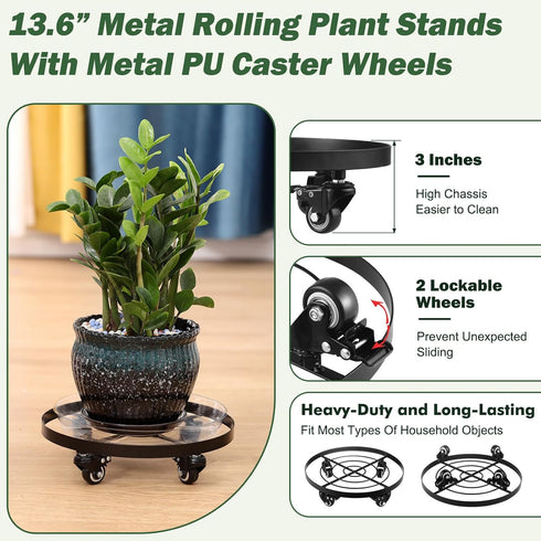 1 Packs 13.6 Inch Planterhoma Large Metal Plant Caddy Plant Dolly with Wheels Heavy-duty Iron Rolling Plant Stand