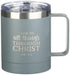 Christian Art Gifts Stainless Steel Double Wall Vacuum Insulated Camp Style Travel Mug 11 oz Gray with Lid and Handle