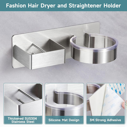 Hair Dryer Holder, Hair Tool Organizer, Stainless Steel Blow Dryer Holder Wall Mounted for Bathroom Bedroom