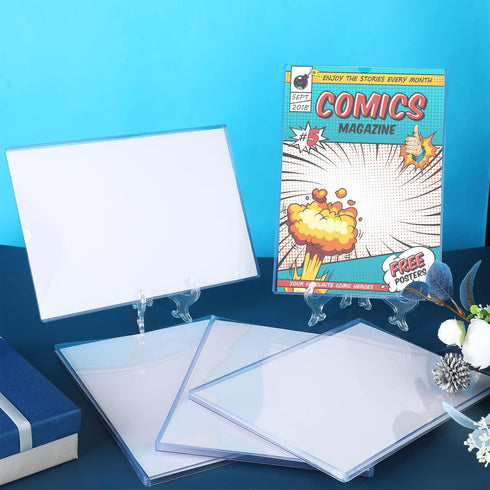 Comic Book Display Case Set, Include Comic Book Sleeves and Clear Plastic Easels, 7.6 x 10.7 Inch Magazine Protectors