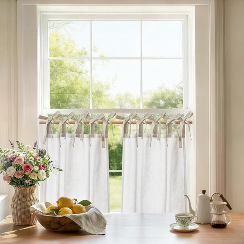 jinchan Linen Tie Top Curtains 24 Inch Length Farmhouse Cafe Curtains Set