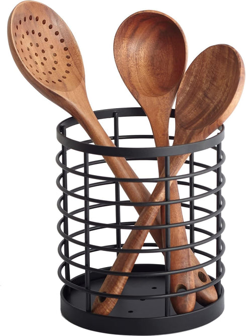 Large Round Utensil Holder for Kitchen Counter, 5.2" x 5.2" x 6" with Wooden Base, Matte Black Cooking Organizer.