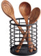 Large Round Utensil Holder for Kitchen Counter, 5.2" x 5.2" x 6" with Wooden Base, Matte Black Cooking Organizer.