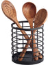 Large Round Utensil Holder for Kitchen Counter, 5.2" x 5.2" x 6" with Wooden Base, Matte Black Cooking Organizer.