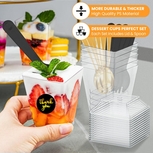 SEIION 380 5oz 20 Pcs Clear Plastic Dessert Cups with Lids & Spoons BPA-Free Appetizer & Parfait Cups for Pudding