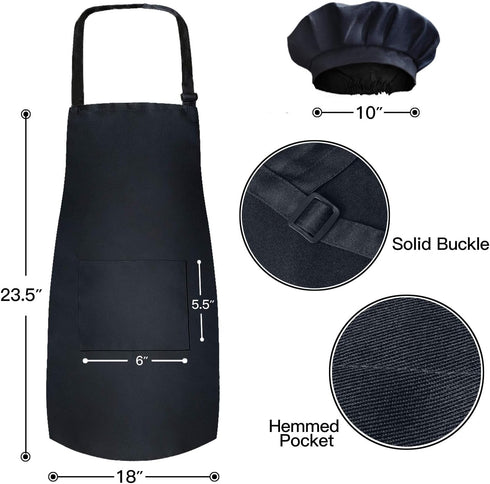 Novelty Place Kid's Apron with Chef Hat Set (3 Set) - Skin-friendly Children’s Bib with Pocket - Cooking, Baking, Painting, Training Wear - Kid's Size (6-12 Year, Black)