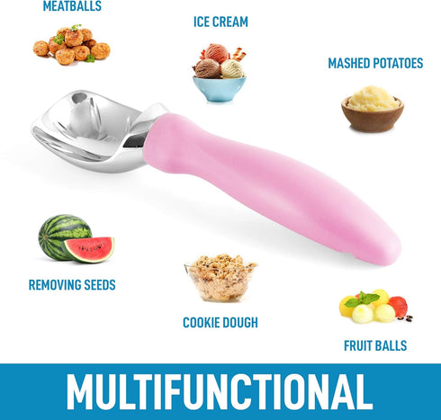 Zulay Ice Cream Scoop with Soft Easy Grip Handle - Heavy Duty Ice Cream Scooper with Built-in Lid Opener (Pink)