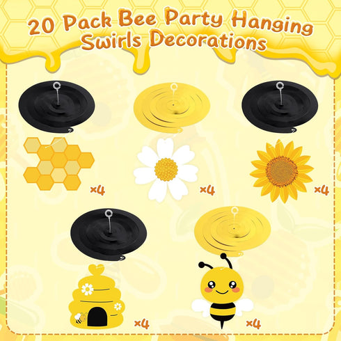 20PCS Bumble Bee Hanging Swirl Decorations, Bee Party Hanging Swirls for Kids Birthday Baby Shower Gender Reveal
