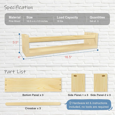 Set 3 Harwaya Floating Nursery Book Shelves for Wall, Natural Wood Wall Bookshelf for Kids Room Bedroom, Small Wooden