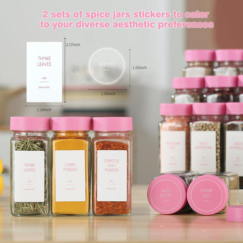 TESUNMU Label4oz 24) Pink Spice Jars with Seasoning Containers, Glass Spice Bottles with Shaker Lids,Funnel, Chalk Pen