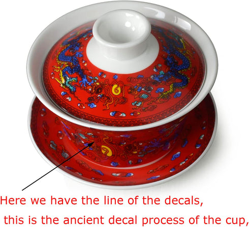 Gaiwan Teacup 7oz Chinese Dragon Sancai Cover Bowl Lip Saucer Set for Gongfu Tea, Red