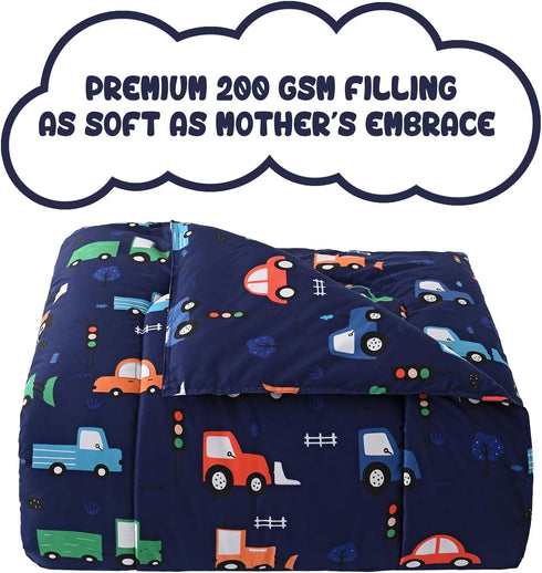 Set Set Set 2 Yibeizi Car Kids Comforter for Boys Twin, Cute Reversible Quilted Navy Blue Printed Construction Toddler