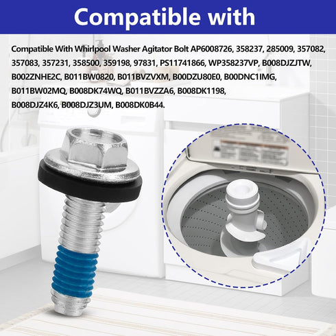 Clothes Washer Machine Agitator Bolt with Rubber Gasket, Compatible with Whirlpool, 2 PACK
