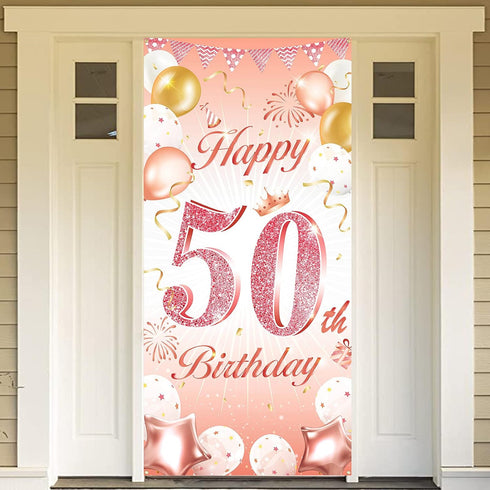 DPKOW Rose Gold 50th Birthday Banner - Backdrop, Wall & Garden Decoration, 185 x 90cm Fabric